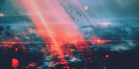 Cityscape Abstract with Red and Blue Tones, Featuring Atmospheric Perspective and Luminous Effects