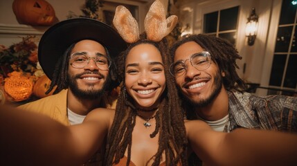 Friends Celebrate Halloween with Costumes and a Selfie, Capturing Festive Joy and Camaraderie in Autumn