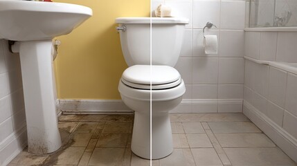 Bathroom with a toilet and a sink. The toilet is dirty and has a broken seat, while the sink is clean and has a soap dispenser. Scene is somewhat negative