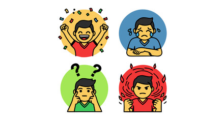 Obraz premium A collection of expressive emoticon icons displaying emotions of sadness, fear, and hiding. Vector graphic of crying, screaming, and facepalm characters.