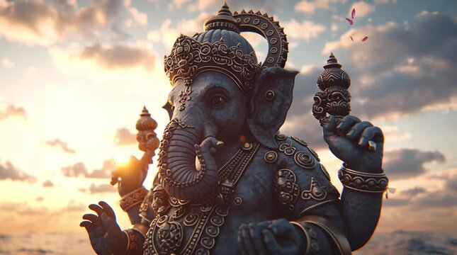 Majestic Ganesh Idol in the Sea at Golden Hour
