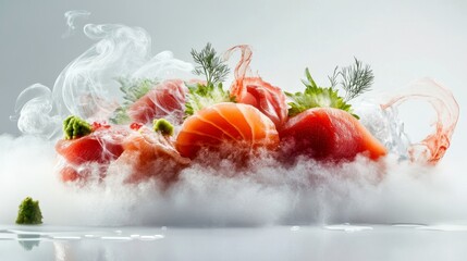 Sushi Platter Amidst Smoke: A meticulously arranged sushi platter featuring an assortment of fresh, vibrant sashimi pieces, artfully presented amidst a cloud of ethereal smoke.