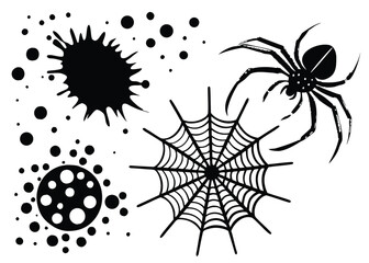 Black and white halloween themed graphic elements of spider web spider and decorative round shapes