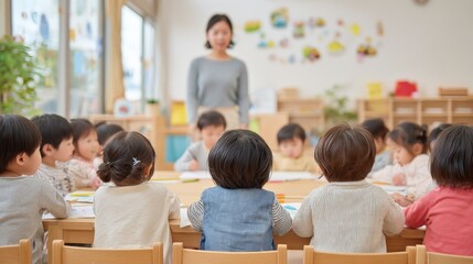 Diverse Group of Young Children in Classroom Setting with Teacher in Background