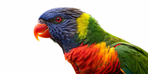 A rainbow lorikeet on white background png, showcasing its breathtaking plumage and expressive features.  Its feathers display a stunning array of colors: deep blue on the head, 