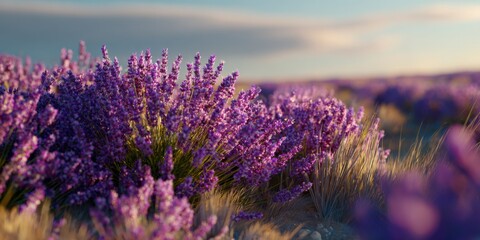 Fototapeta premium Scenic Lavender Field at Golden Hour: Aromatic Purple Blooms and Serene Summer Landscape