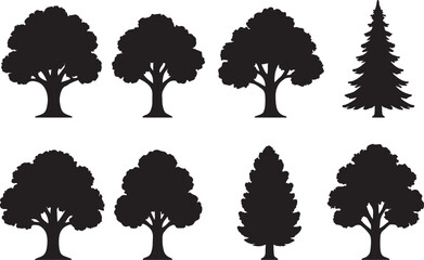 Collection of black tree silhouettes including deciduous and coniferous varieties white background nature