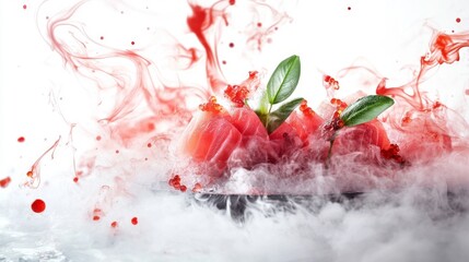 Sushi Culinary Art: Artistic composition of sushi pieces, surrounded by elegant fog and fresh green leaves, creating an image of culinary creativity