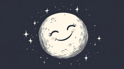Whimsical moon illustration with smiling face amidst twinkling stars