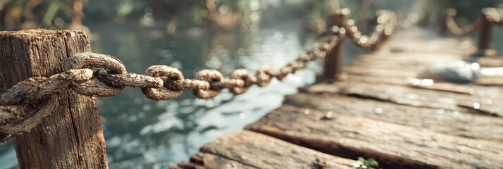 Wooden pier with weathered rope chain beside tranquil water in a serene natural setting during daytime