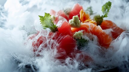 Exquisite Seafood Delights: Culinary artistry meets seafood, showcased with vibrant colors, expertly arranged. This dish is an invitation to an exceptional dining experience.