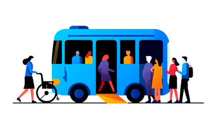 People Boarding Accessible Public Bus with Ramp

