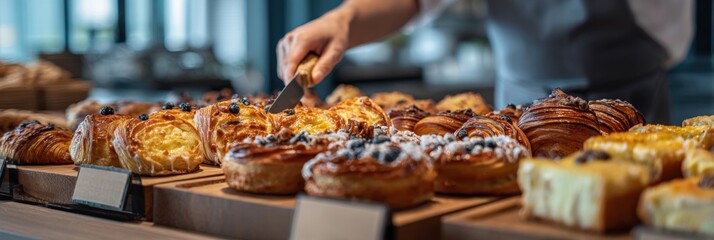 Fototapeta premium Variety of Freshly Baked Pastries and Breads Displayed on Wooden Boards, Ready to Serve with Knife