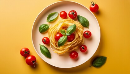 fresh fettuccine pasta with cherry tomatoes and basil on a vibrant yellow background