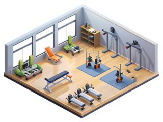 Isometric gym room with exercise equipment isolated on a transparent background image