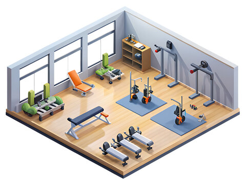 Isometric gym room with exercise equipment isolated on a transparent background image