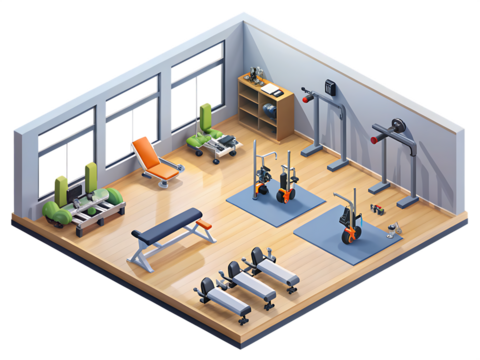 Isometric gym room with exercise equipment isolated on a transparent background image