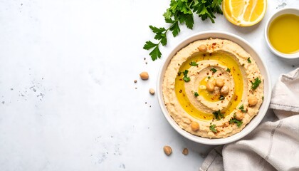 Fresh homemade hummus with olive oil lemon wedges herbs and chickpeas served in a white bowl on a white textured surface with parsley and lemon garnish