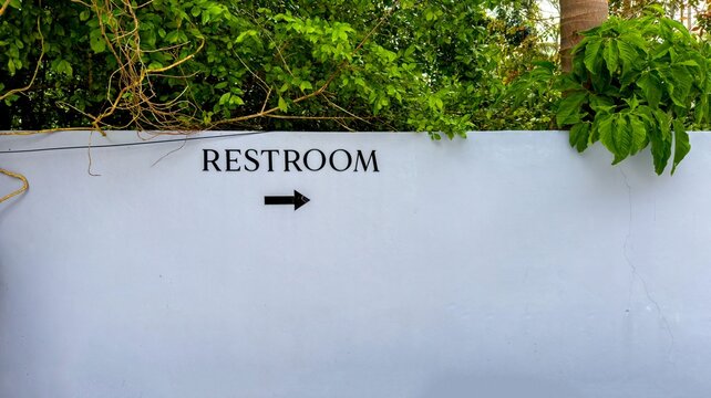 A close-up shot captures a minimalist restroom sign with a black arrow pointing to the right, painted on a clean, light-colored wall. The upper edge of the wall is bordered by lush, green tropical