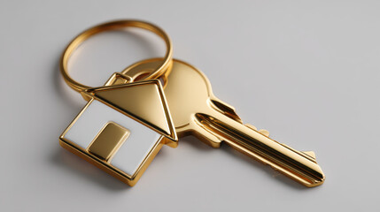 Golden house key with keychain on gray background, symbolizing home ownership and security
