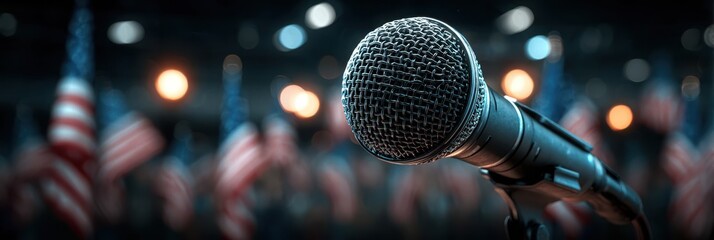 Microphone in focus before a gathering with flags at an evening event highlighting public speaking and community engagement
