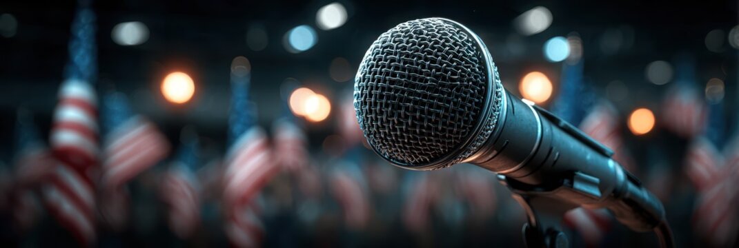 Microphone in focus before a gathering with flags at an evening event highlighting public speaking and community engagement