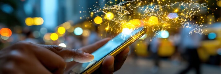 Person Using Mobile Phone with Data Visualization Overlay in Urban Night Scene