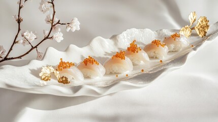 Gourmet Sushi Delight: Exquisite nigiri sushi, carefully arranged on a pristine wave-shaped plate, alongside delicate cherry blossom branches. A culinary masterpiece.