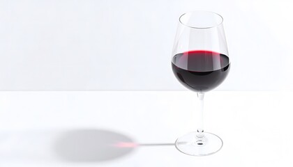 Elegant glass of red wine on a clean white surface with soft shadows, minimalistic and sophisticated beverage presentation for dining or relaxation scenes