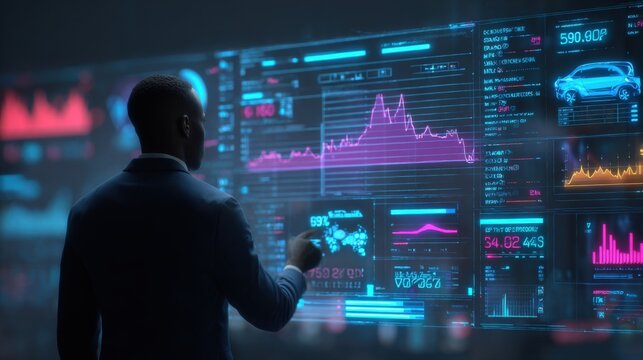 African American Professional Analyzing Data on a Digital Screen, Chart and Data Visualization Technology