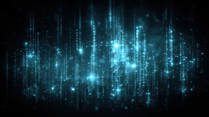 Futuristic Abstract Background with Glowing Particles, Digital Rain, and Data Streams in Dark Blue Tones