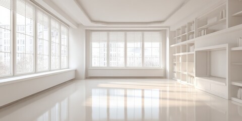 Obraz premium Bright Empty Room with Large Windows and Shelving in a Modern Minimalist Style