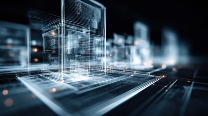 Architectural Blueprint Visualization: A Futuristic Building Design with Intricate Lines and Glowing Elements