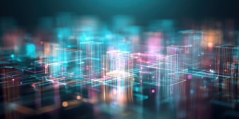 Obraz premium Abstract Futuristic Cityscape with Neon Lights and Geometric Shapes for Technology and Innovation Concepts