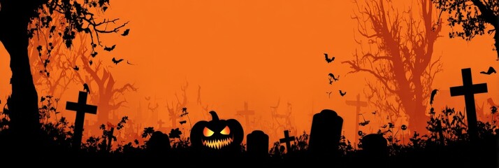 Halloween Spooky Graveyard with Pumpkin, Crosses, and Bats Silhouettes on an Orange Background for Festive Celebrations