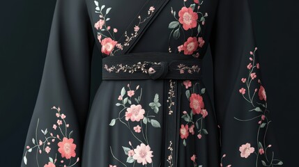 Elegant dark robe adorned with intricate floral embroidery design