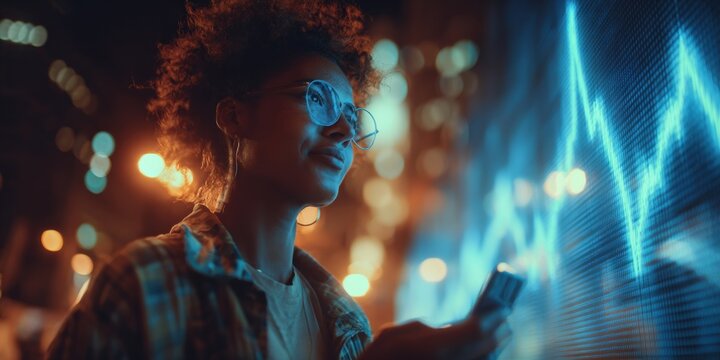 Focused African American Woman Analyzing Financial Data on Futuristic Screen with City Lights at Night - Powered by Adobe