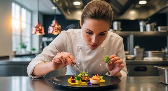 Culinary artistry in motion focused female chef creating an exquisite gourmet meal in a professional kitchen.