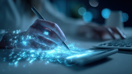 Digital artist using stylus on tablet displaying futuristic numerical elements over hands in a workplace