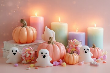 Pastel Halloween Still Life with Pumpkins, Candles, Ghosts, and Candy for Festive Autumn Decor