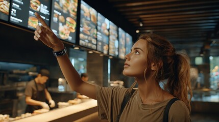 Woman Ordering Food at Fast Food Restaurant, Pointing at Menu Board for Lunch Choice