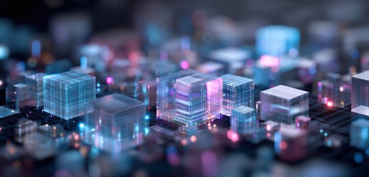 Abstract image depicting interconnected translucent cubes, representing technology, data, or complex systems with depth of field