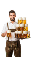 PNG cut out isolated background. A waist-up portrait of a charming man with a beard, dressed in traditional Bavarian lederhosen and winking at the camera at Oktoberfest