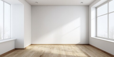 Bright Empty Room Interior with Hardwood Flooring, White Walls and Large Windows, Ready for Customization