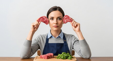 Young woman with dark hair holds raw meat pieces to her ears, with a cutting board, steak, and arugula on a table.