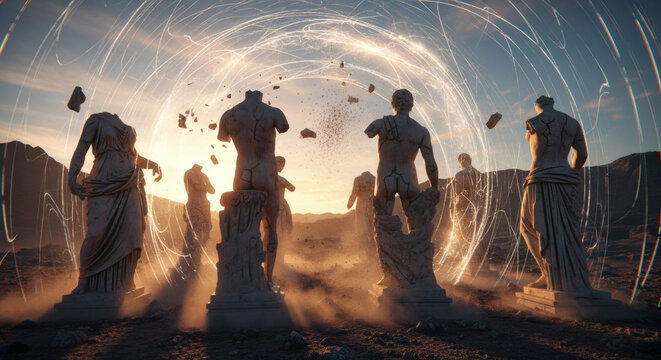 Headless classical statues crumble and disintegrate from a powerful energy shockwave in a dramatic, sunlit landscape. - Powered by Adobe