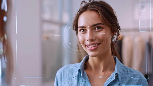 A young woman participates in a smart technology screening process for personal analysis at a clothing store. This innovative setup uses advanced technology to enhance shopping experiences.