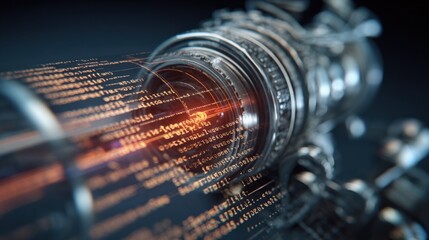 Futuristic Data Stream Visualization: Abstract Technology Concept with Complex Metallic Structure and Flowing Information