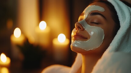 self care and inner beauty, woman meditating with candlelight and facial mask, cozy warm tones