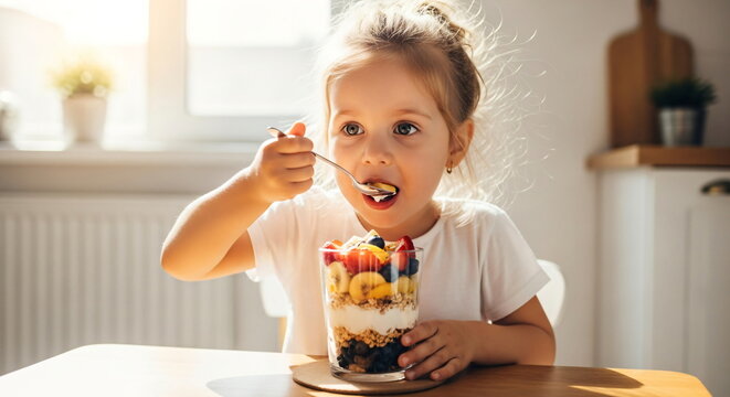 Pretty girl enjoys eating healthy breakfast with yogurt, fruits, and granola. Child has a snack. Concept of healthy eating, kids.